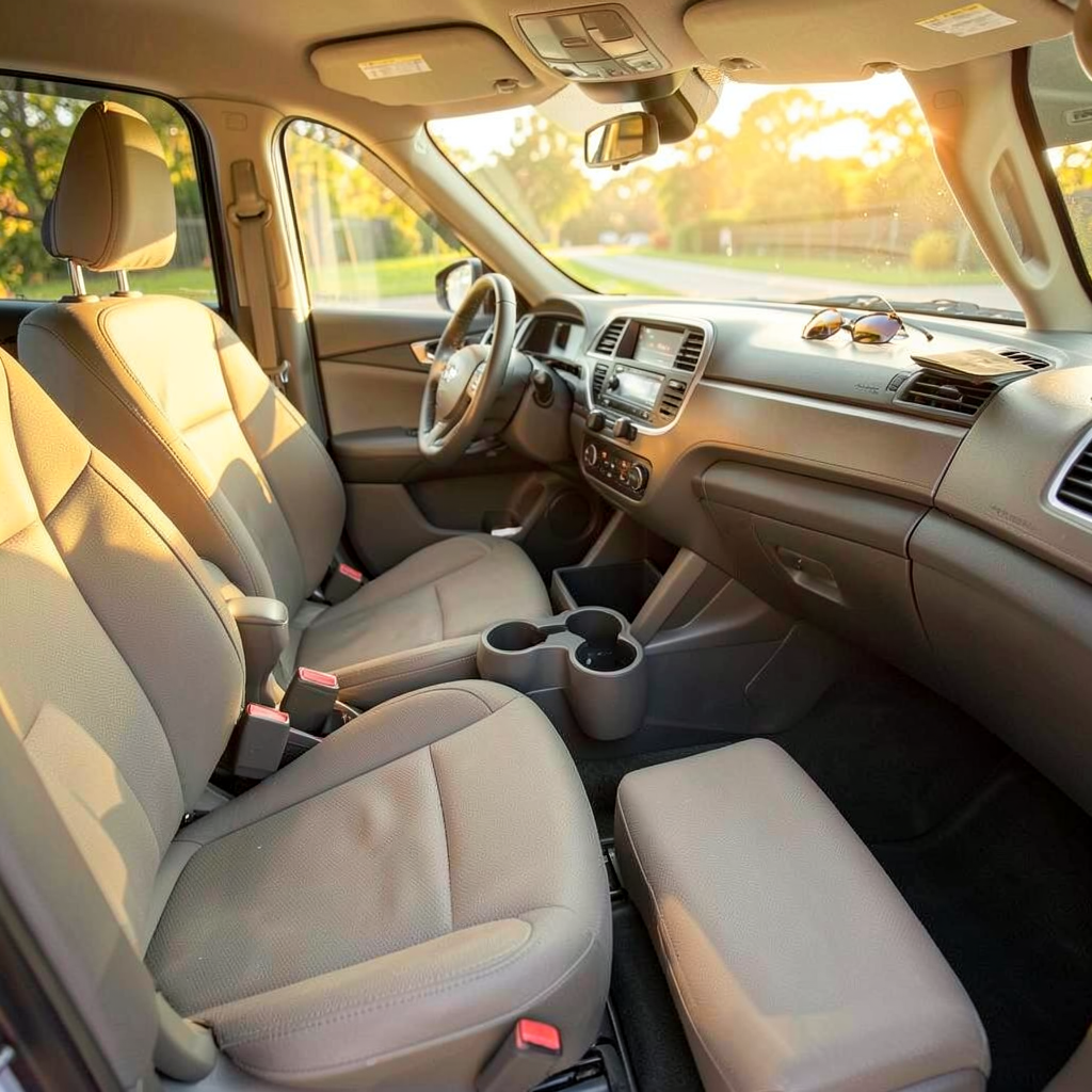 Intérieur de voiture bien organisé avec des accessoires de rangement pratiques posés sur les sièges et dans le coffre
