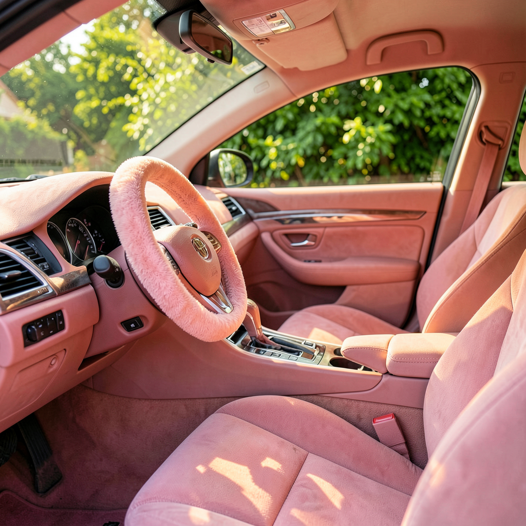 Intérieur voiture rose avec couvre-siège et volant assortis posés dans un habitacle moderne et soigné.