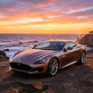 Aston Martin DB11 coupé rouge vue de trois quarts, voiture de sport haut de gamme au design élégant