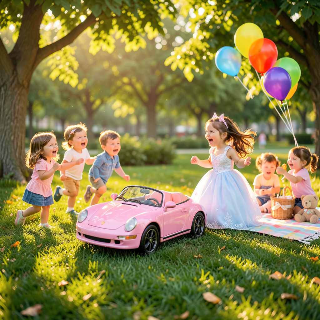 Baby Porsche rose décapotable pour enfant sur fond clair, jouet voiture Porsche fille