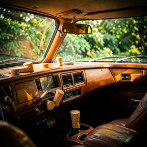 Bouchons de liège posés sur le tableau de bord d'une voiture, astuce naturelle anti-humidité