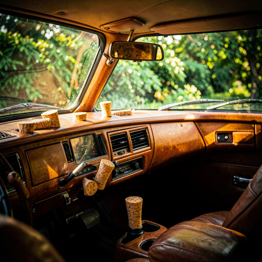 Bouchons de liège posés sur le tableau de bord d'une voiture, astuce naturelle anti-humidité