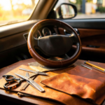 Mains cousant à l'aiguille une housse de volant en cuir marron clair, tutoriel couture cuir DIY