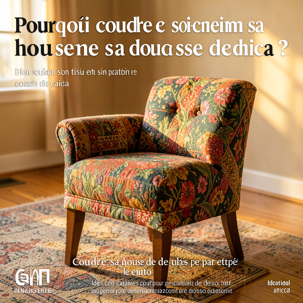 Housse de chaise en tissu fleuri cousue maison, posée sur une chaise en bois clair dans une salle à manger lumineuse