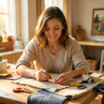 Housse de siège auto pour enfant cousue maison en tissu coton coloré, posée sur un siège voiture.