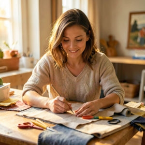 Housse de siège auto pour enfant cousue maison en tissu coton coloré, posée sur un siège voiture.