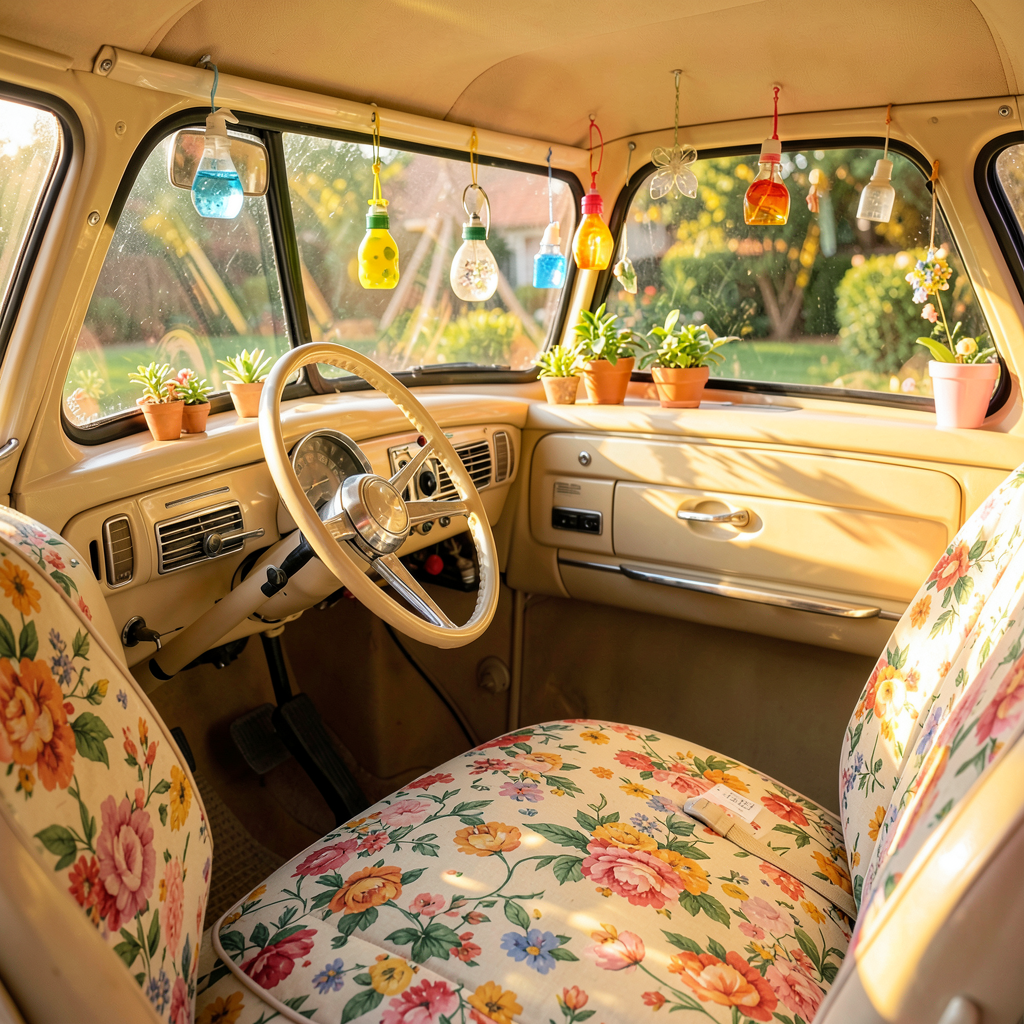 Intérieur cosy d'une Coccinelle VW décorée avec des accessoires féminins pastel et une déco voiture soignée