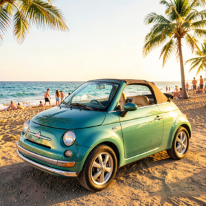 Fiat 500 Dolcevita décapotable blanc et beige garée en bord de mer sous le soleil