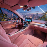Concept d'intérieur de voiture rose futuriste avec sièges connectés et éclairage ambiant IA