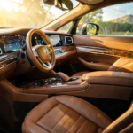 Intérieur de voiture de luxe avec sièges en cuir beige et tableau de bord épuré, design intérieur voiture élégant