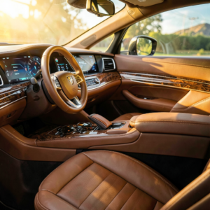 Intérieur de voiture de luxe avec sièges en cuir beige et tableau de bord épuré, design intérieur voiture élégant