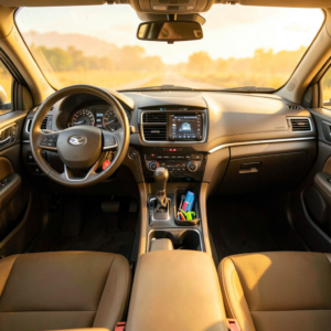Vue intérieure d'une voiture bien organisée avec accessoires pratiques et rangements soignés