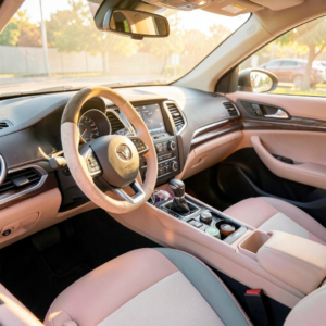 Intérieur de voiture féminin et bien organisé avec accessoires pratiques posés sur le siège passager