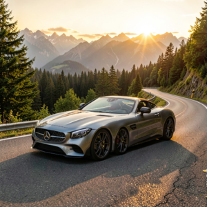 Mercedes AMG grise métallisée vue de trois quarts, voiture de sport et de luxe sur fond sombre.