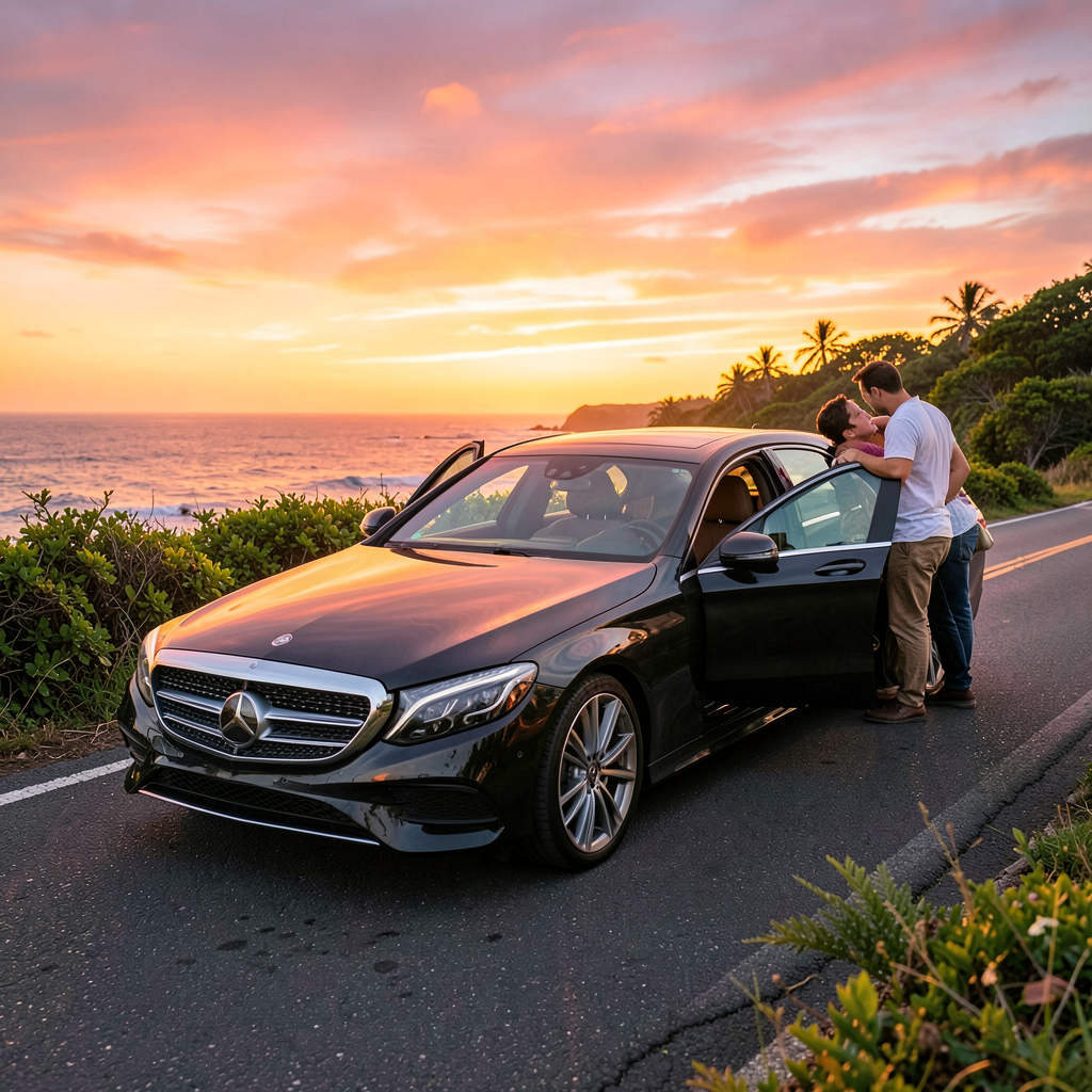 Femme souriante appuyée contre une belle Mercedes-Benz blanche, véhicule de luxe élégant en extérieur.