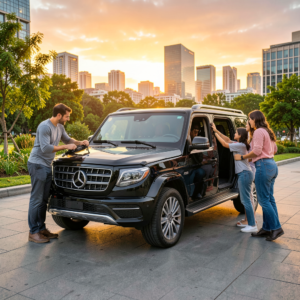 Mercedes-Benz GLS noir garé de nuit, SUV de luxe 7 places aux lignes élégantes et éclairage sophistiqué