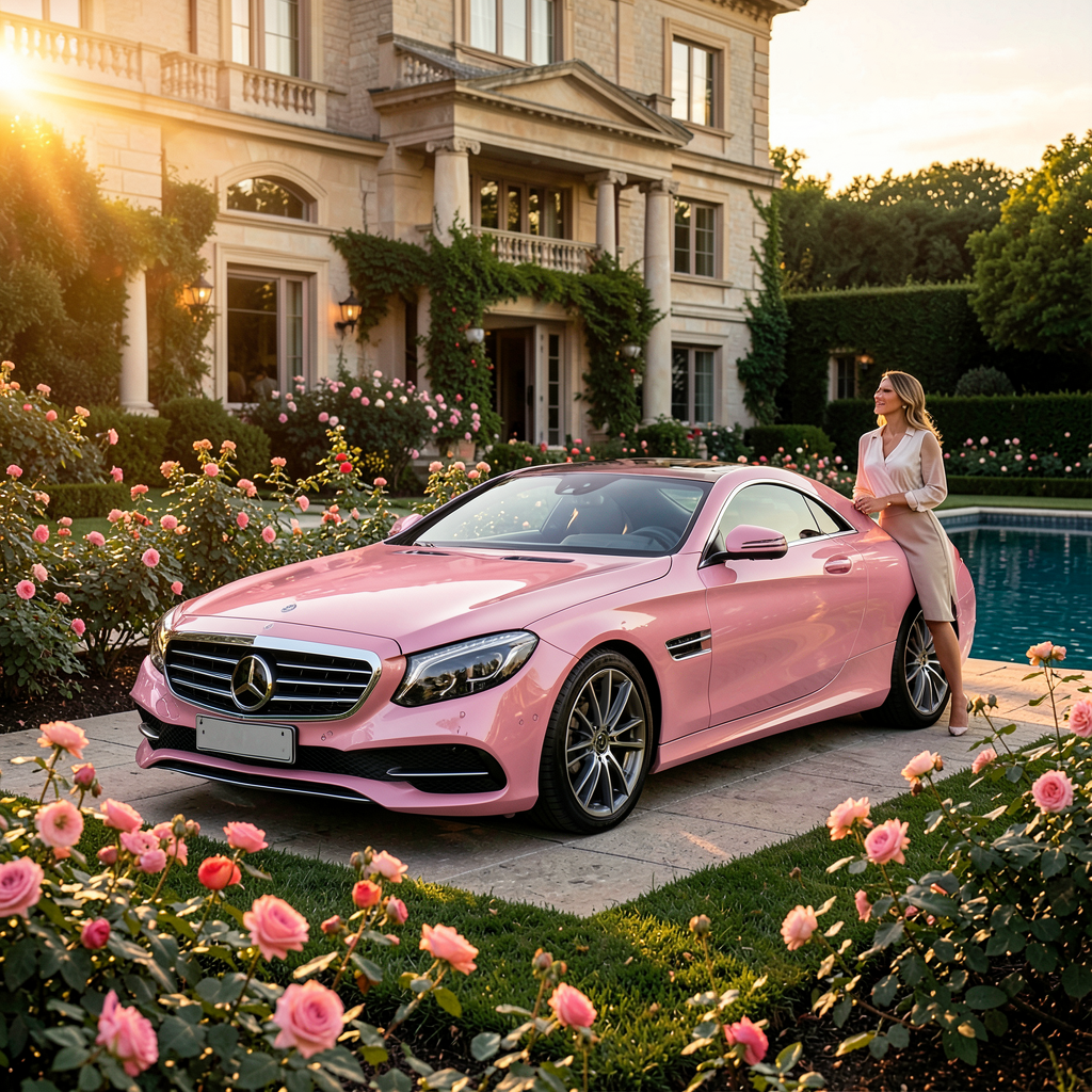 Mercedes SL 63 AMG cabriolet rose poudré garée devant une villa luxueuse, voiture de rêve au féminin