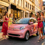 Petite voiture rose garée en ville, vue de face, idéale pour une conduite féminine au quotidien