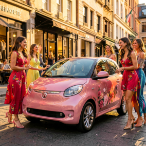 Petite voiture rose garée en ville, vue de face, idéale pour une conduite féminine au quotidien