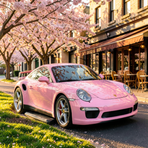 Porsche 911 rose métallisé garée sur une route panoramique, vue de trois quarts avant