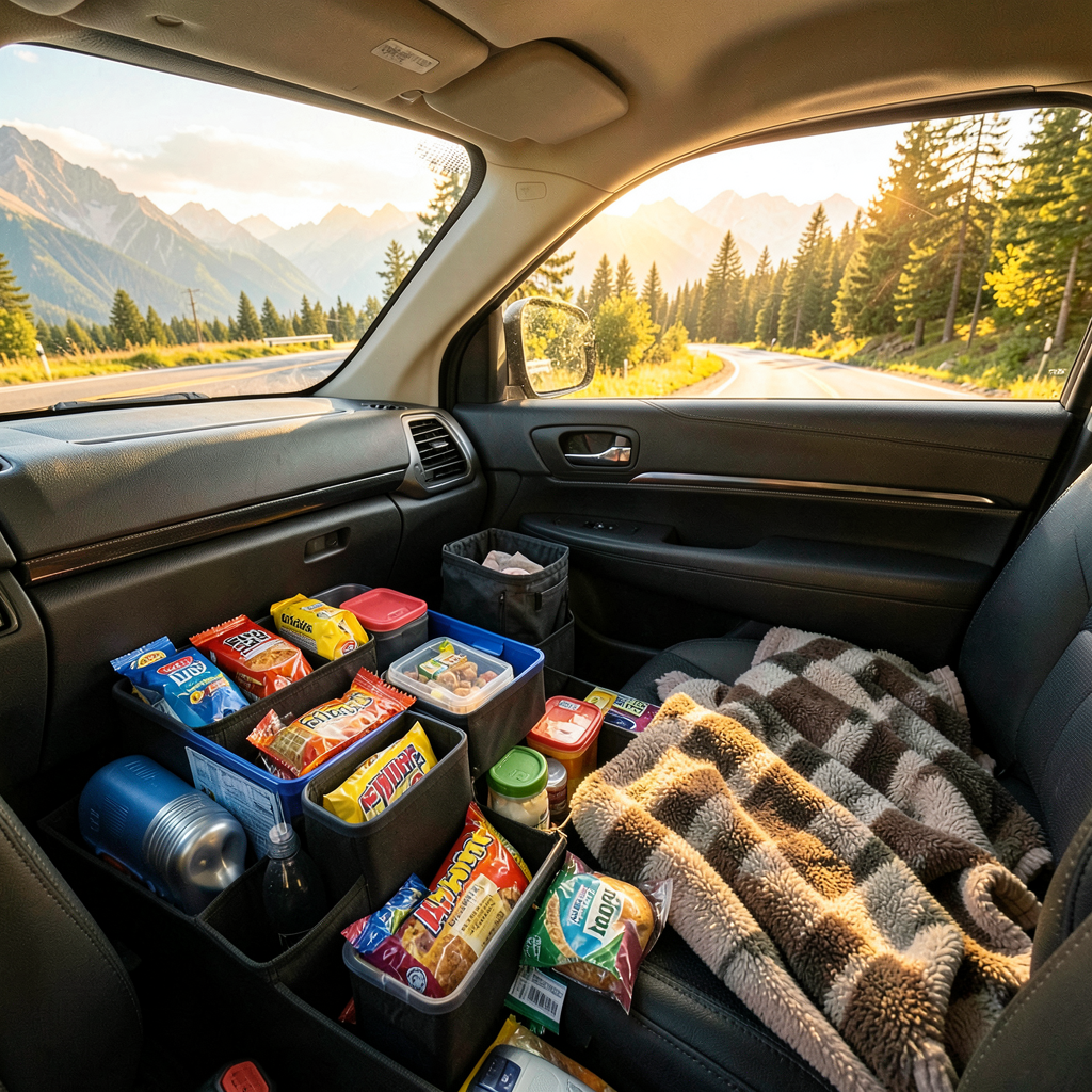 Coffre de voiture bien organisé avec accessoires de voyage rangés avant un road trip en famille.
