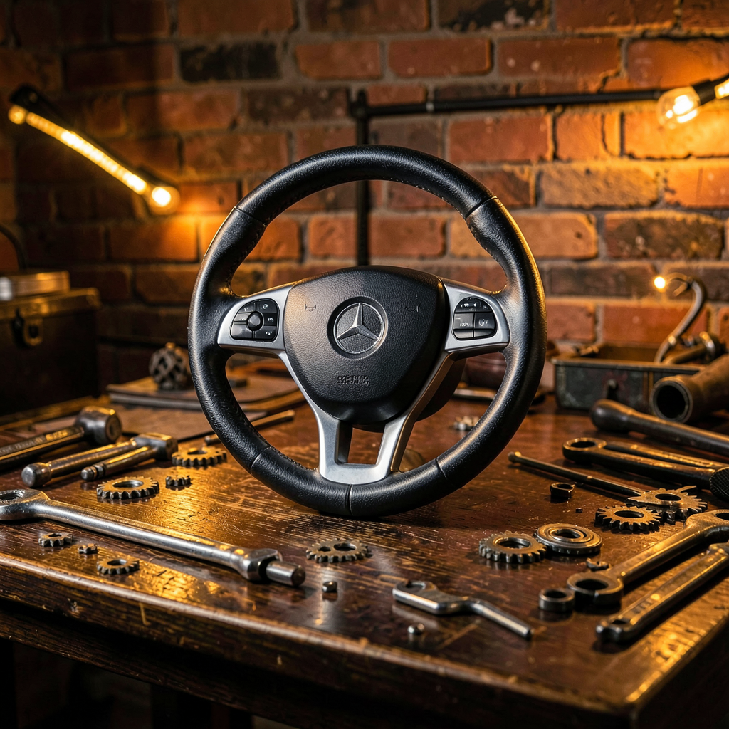 Volant de Mercedes W202 transformé en table d'appoint déco industrielle sur plateau bois dans un salon moderne