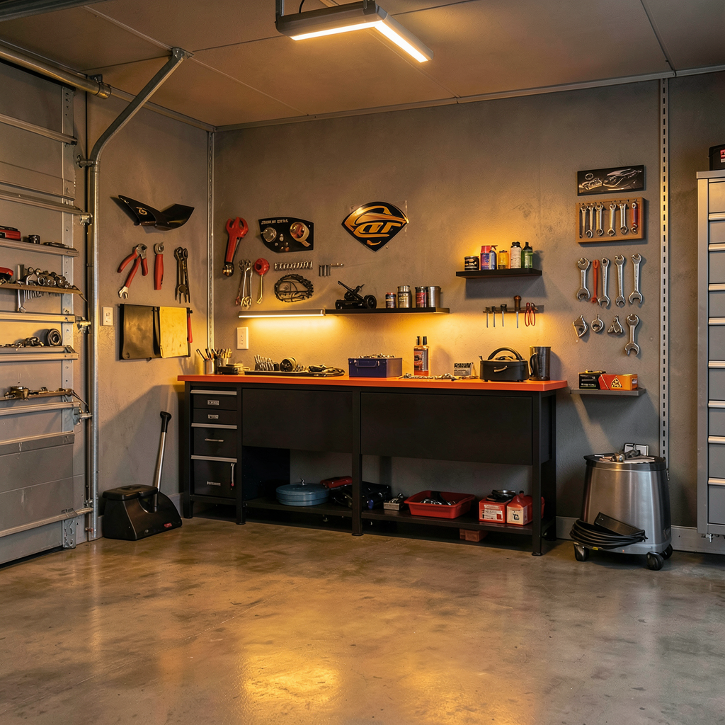 Étagère décorative en forme d'aileron Porsche GT3 Cup accrochée dans un garage aménagé avec soin