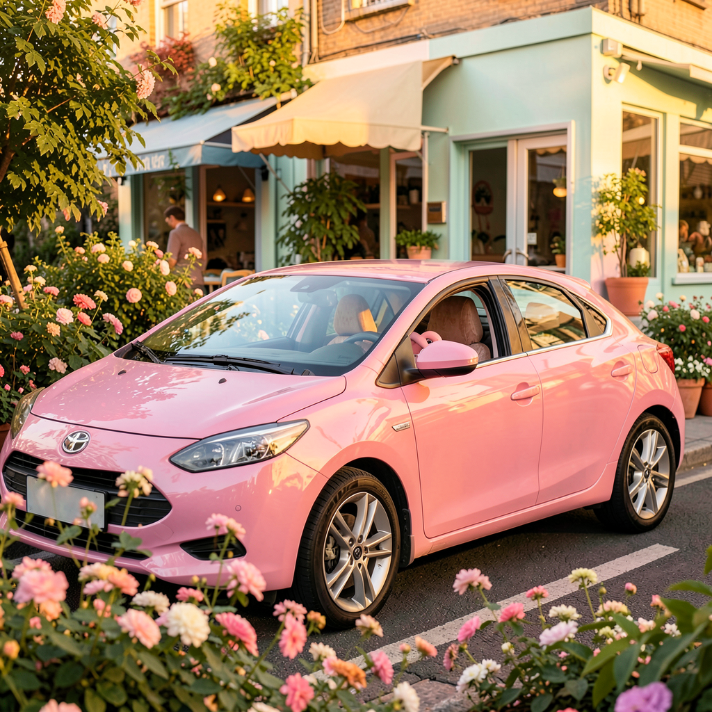 Voiture rose pastel cabriolet vue de trois quarts dans une ambiance ensoleillée, esthétique baby pink féminine