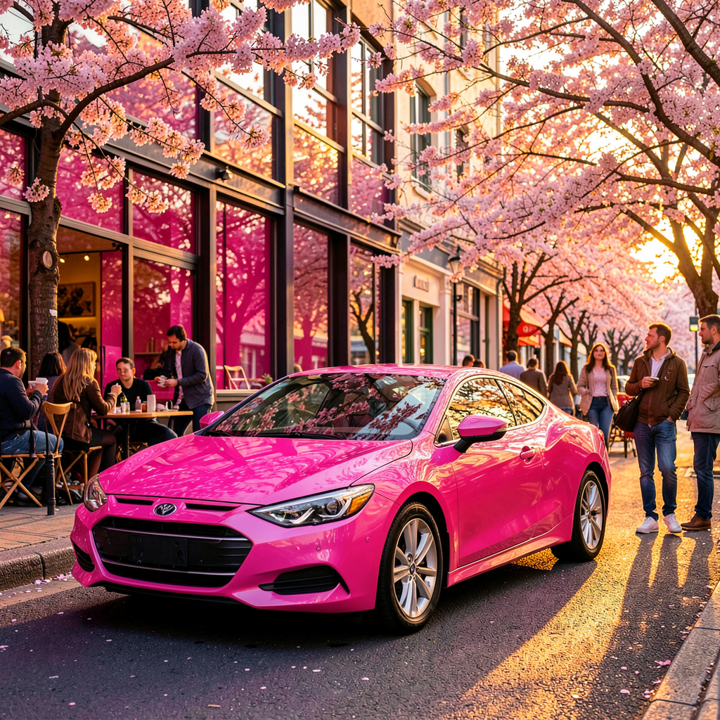 Voiture rose pastel élégante vue de trois quarts, inspirations voitures roses pour femmes