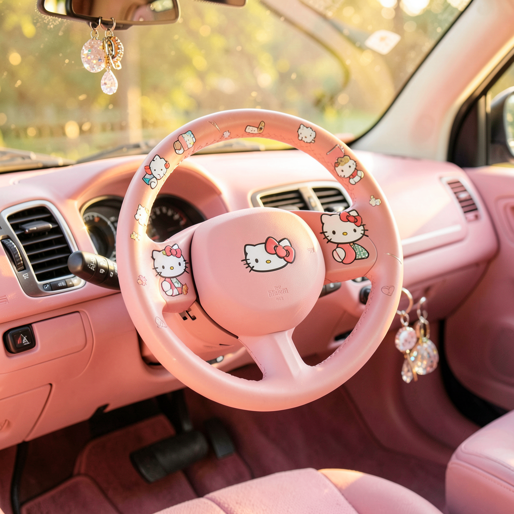 Accessoires Hello Kitty rose disposés dans un habitacle de voiture propre et soigné