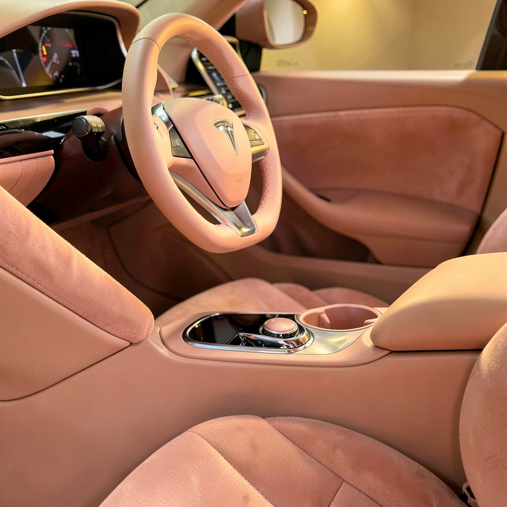 Accessoires déco voiture roses pour Tesla posés sur le siège conducteur