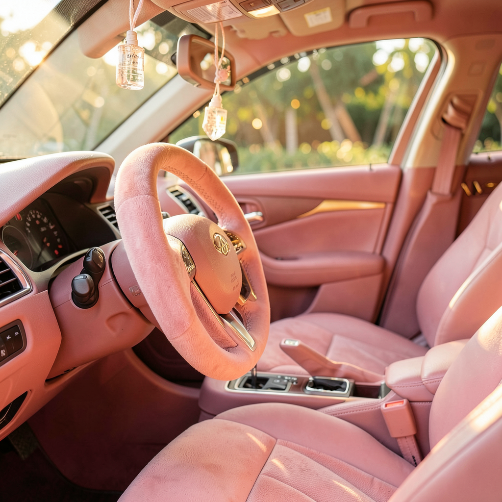 Accessoires voiture roses : tapis de sol, housse de volant et pare-soleil coordonnés pour un style cohérent.