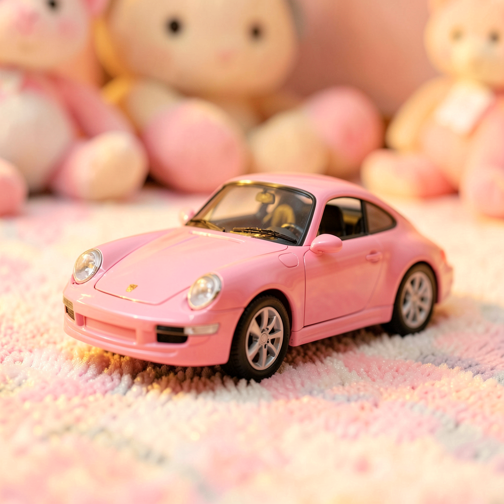 Petite fille assise dans une baby Porsche rose avec volant ergonomique et phares allumés