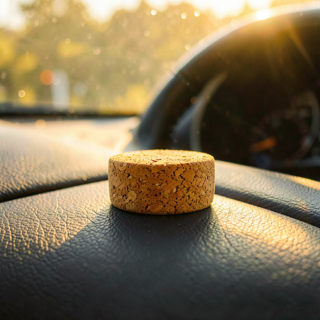 Bouchon de liège coupé en deux placé dans un vide-poche de voiture pour absorber la buée