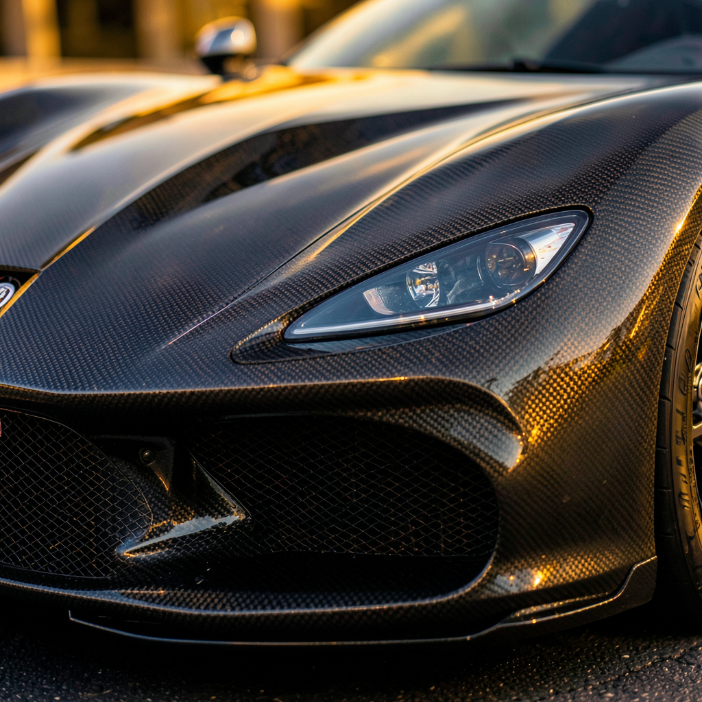 Détail du moteur W16 et design de la Bugatti Vision Gran Turismo, concept car rare en fibre de carbone