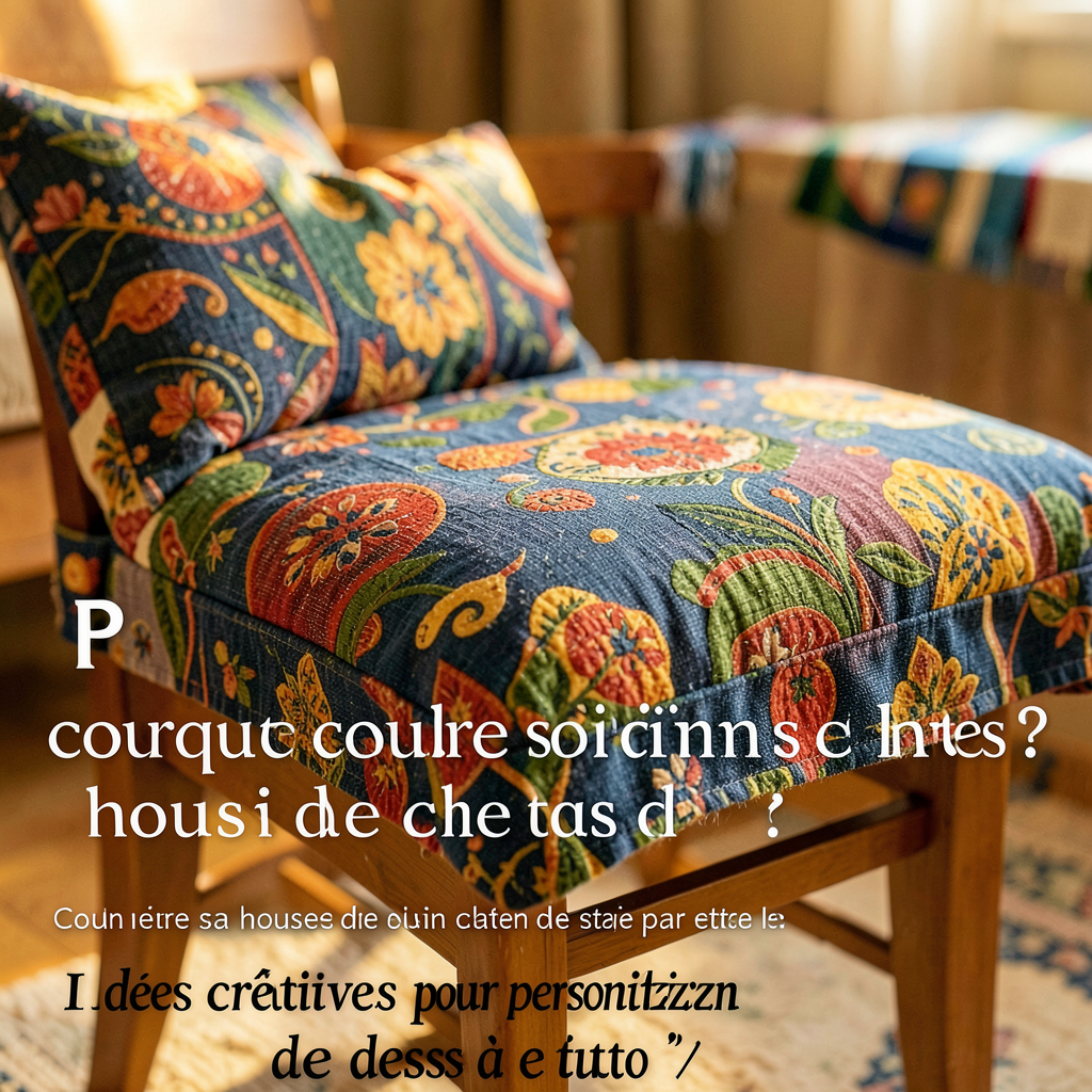 Patron coussin de chaise découpé sur tissu coton bleu, avec élastique et attaches prêts pour la couture