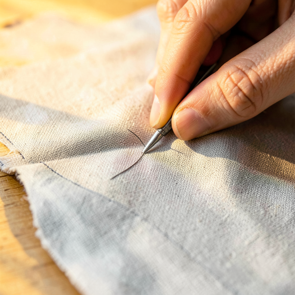 Patron couture à plat avec pièces découpées pour housse siège auto bébé, sur table de couture.