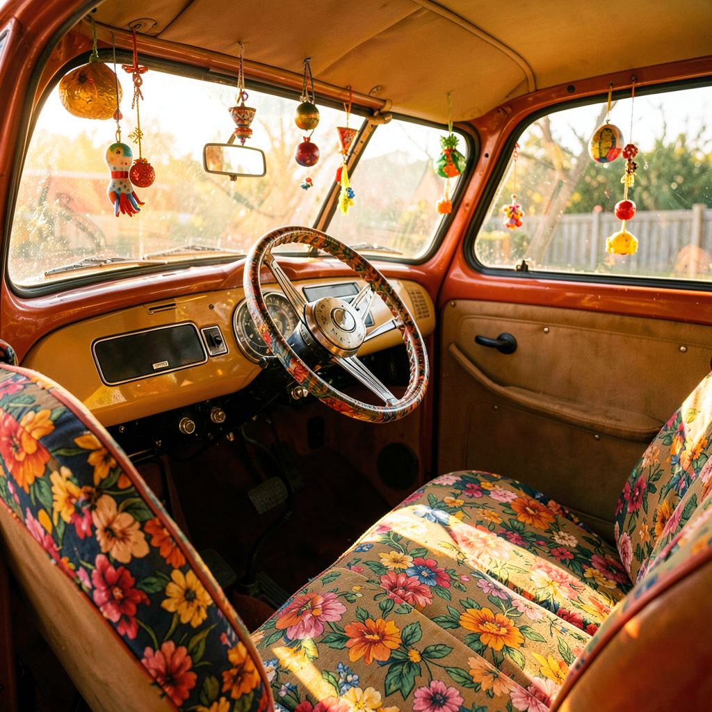 Détail de déco voiture intérieur sur une Coccinelle Volkswagen avec housse de siège et ornements vintage