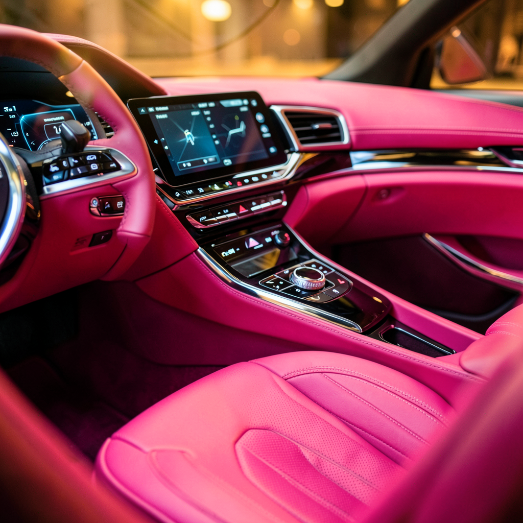 Habitacle de voiture de luxe autonome aux teintes roses douces et design futuriste épuré