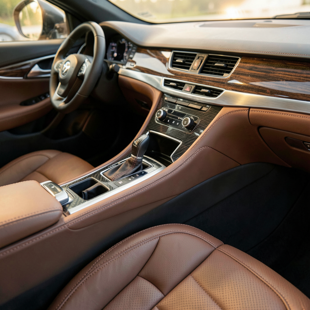 Habitacle de voiture haut de gamme avec éclairage d'ambiance doux et finitions en bois, ambiance zen et raffinée