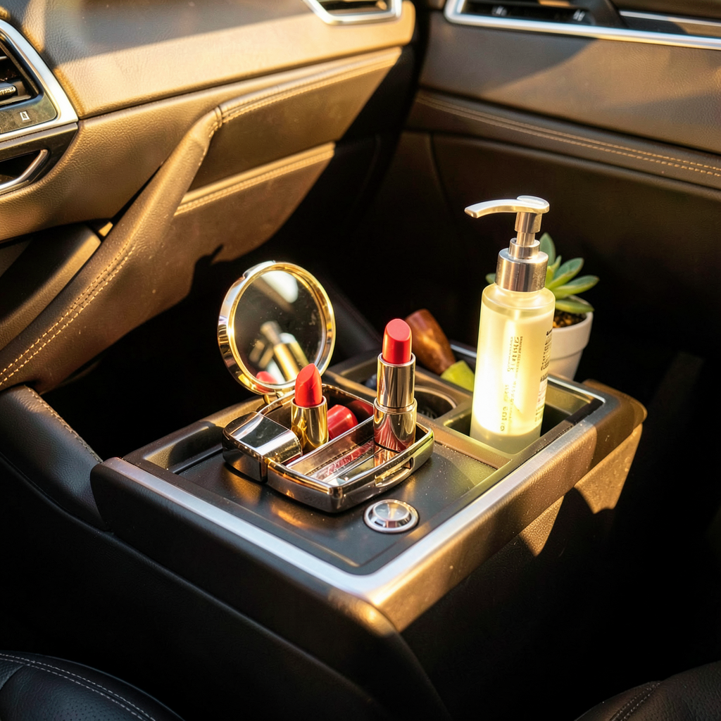 Organisateur de voiture avec trousse de beauté et accessoires essentiels pour femme active