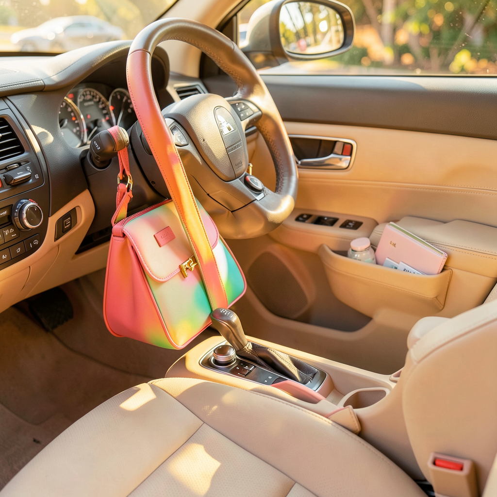Organiseur de coffre et accessoires voiture femme rangés dans un habitacle propre et stylé