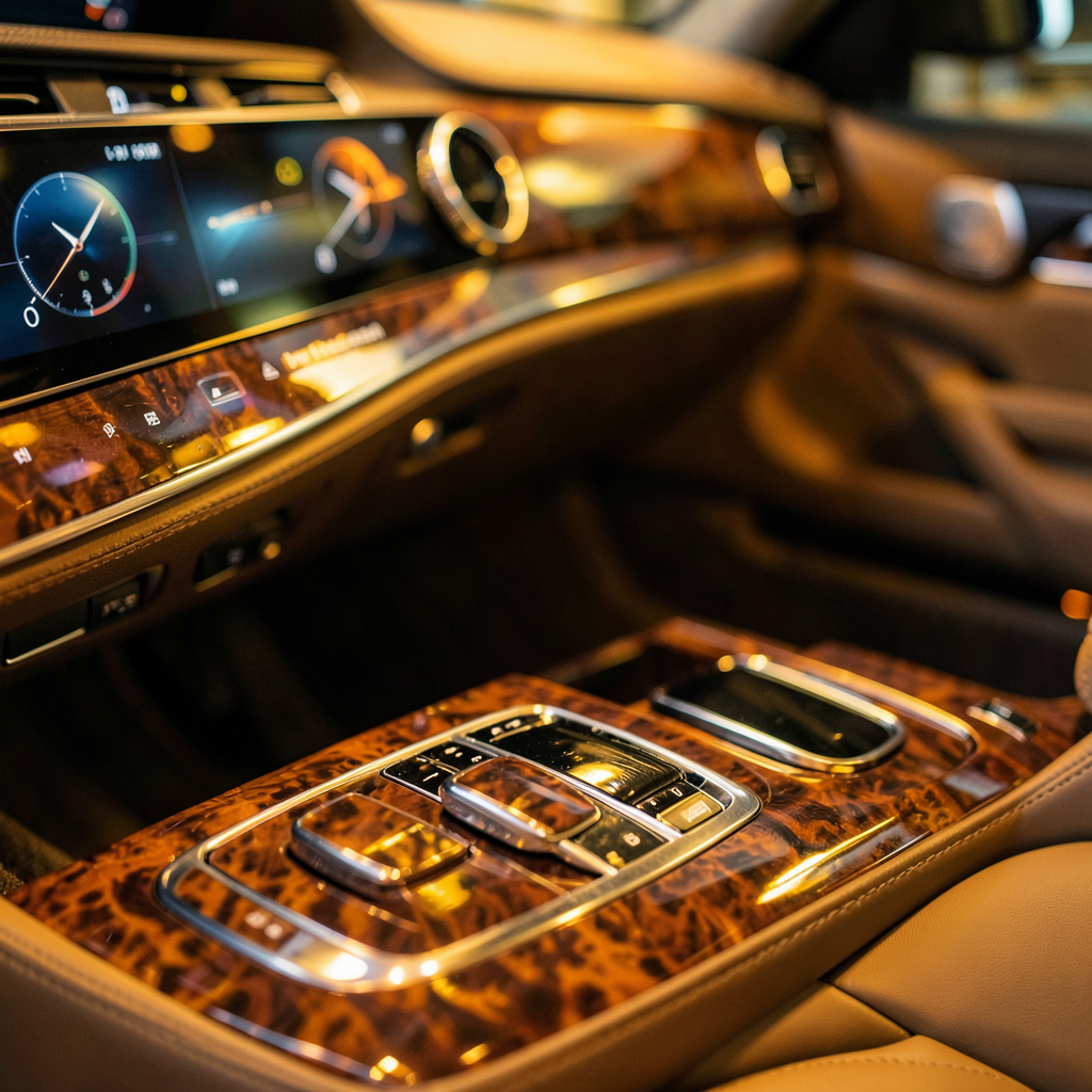 Intérieur raffiné d'une Mercedes-Benz avec sièges en cuir clair et tableau de bord lumineux.