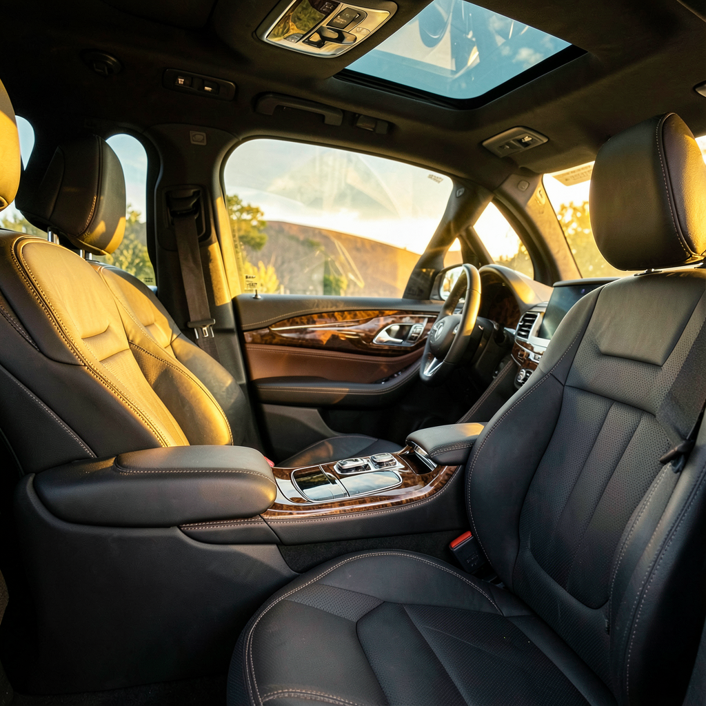 Intérieur du Mercedes-Benz GLS avec sièges en cuir et tableau de bord lumineux, habitacle SUV de luxe