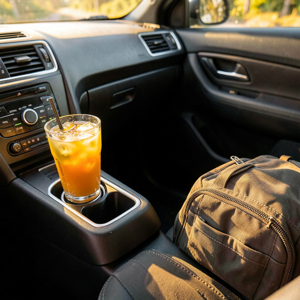 Intérieur de voiture équipé d'accessoires pratiques pour un voyage confortable sur la route.