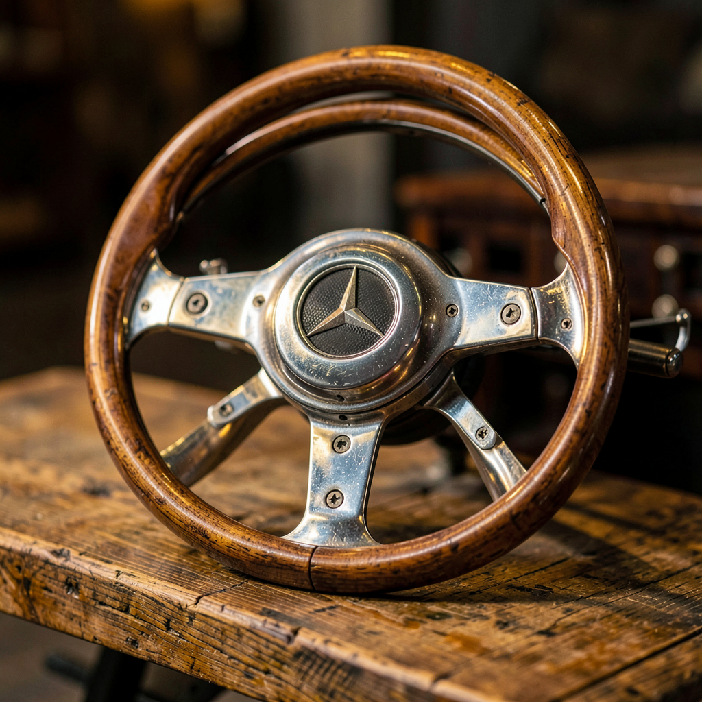 Volant de voiture récupéré monté en objet déco murale style garage industriel avec éclairage ambiance