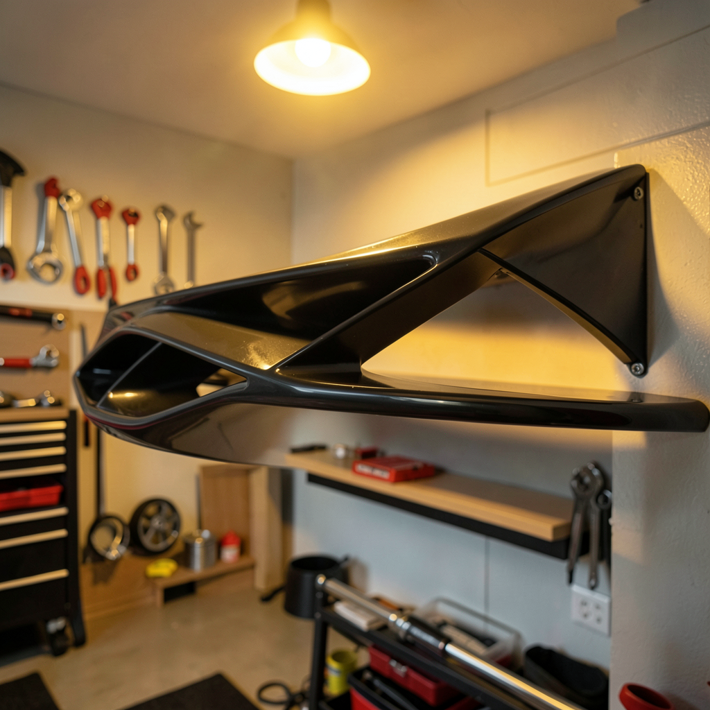 Intérieur de garage design avec étagère aileron GT3 peinte à la main et Porsche en arrière-plan