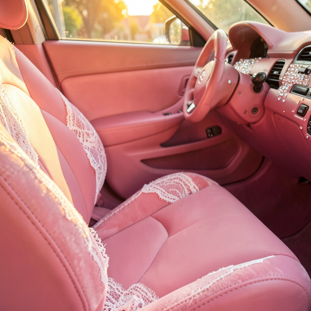Intérieur de voiture personnalisé avec des accessoires roses et un volant shabby chic, déco girly