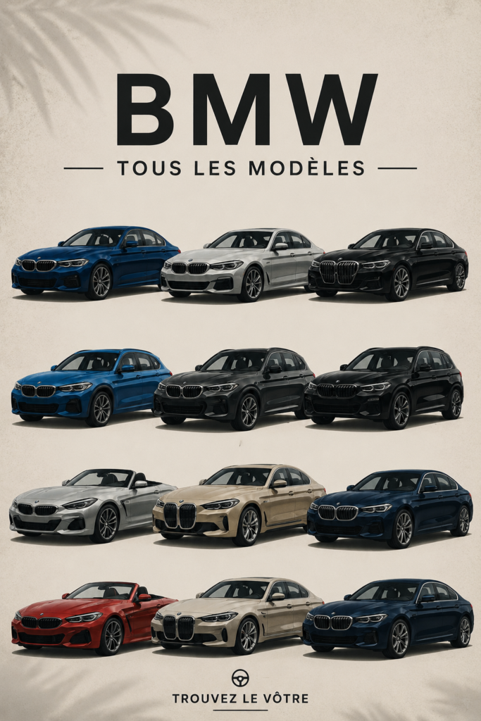Gamme des modèles BMW allant des classiques aux récents véhicules modernes.