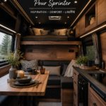Aménagement intérieur d'un fourgon Sprinter, mettant en avant un espace chaleureux et fonctionnel.